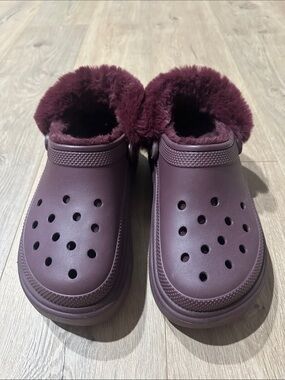 Faux Fur Lined Platform Croc Slippers - Deep Burgundy